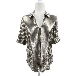 Anne Klein Gold Stripe Zip Front Blouse Women Short Sleeve Career Top